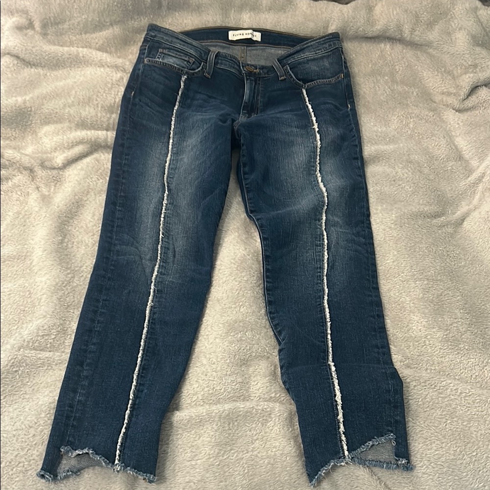 Dark Blue Denim Jeans with Frayed Hem